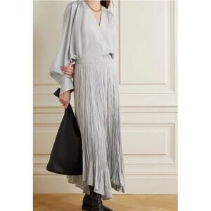 Joseph Bary Habotai Silver Grey 100% Silk V-Neck Balloon Sleeve Blouse Size 36